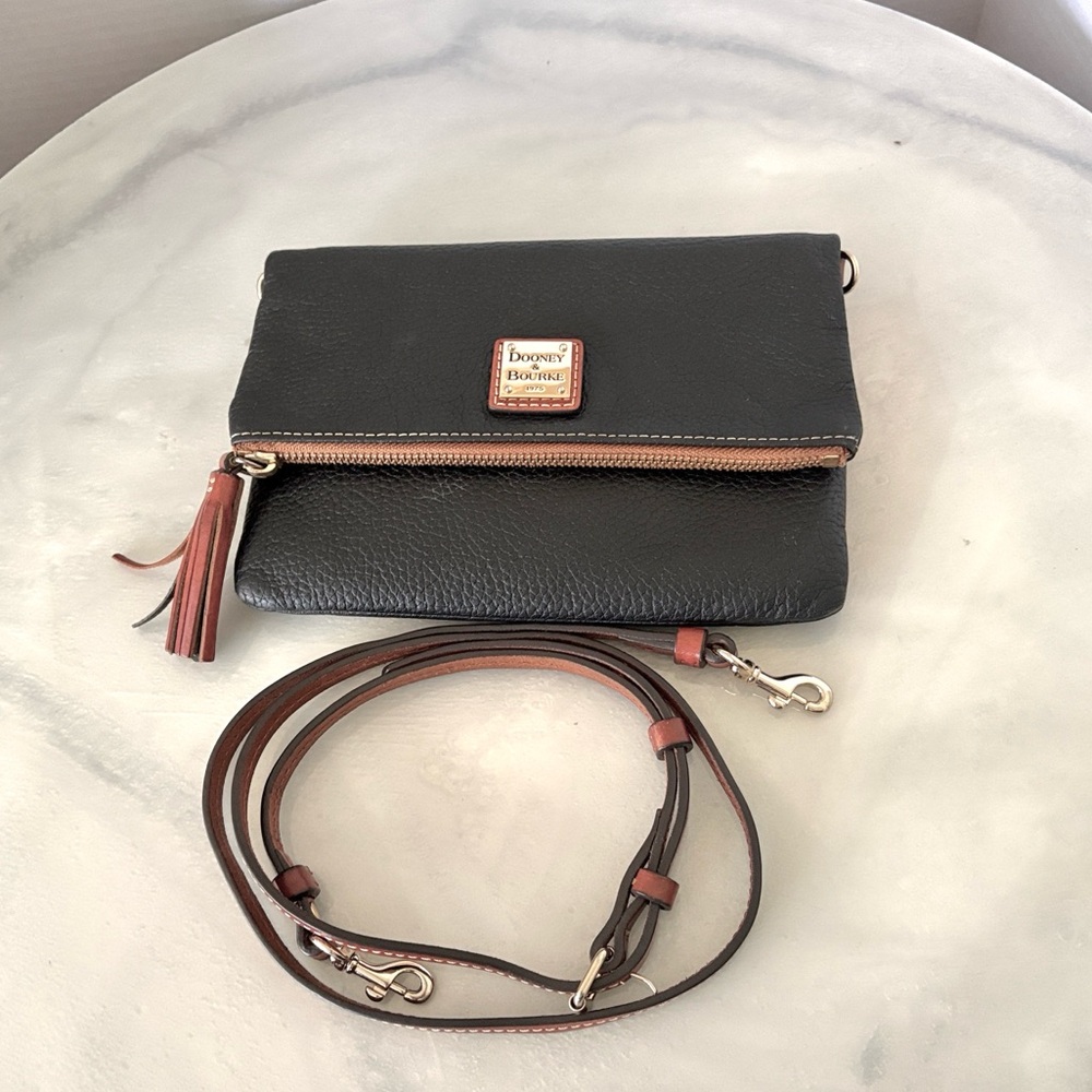 Dooney & Bourke Black Pebble Leather Crossbody with Brown Strap
